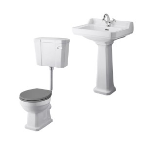 Wellington Low Level Comfort Height Toilet with Grey Seat & 560mm 1 Tap Hole Basin Cloakroom Suite