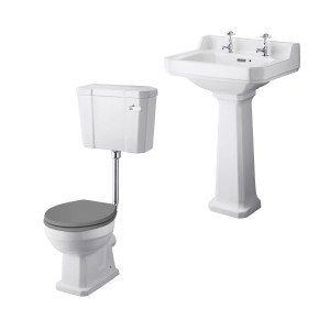 Wellington Low Level Comfort Height Toilet with Grey Seat & 560mm 2 Tap Hole Basin Cloakroom Suite