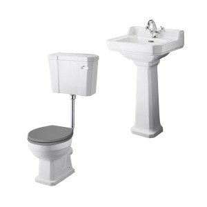 Wellington Low Level Comfort Height Toilet with Grey Seat & 500mm 1 Tap Hole Basin Cloakroom Suite