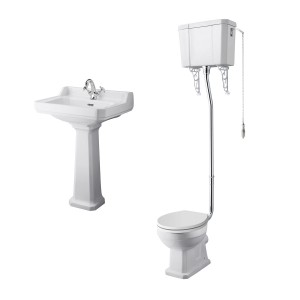 Wellington High Level Toilet with White Seat & 600mm 1 Tap Hole Basin Cloakroom Suite