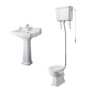Wellington High Level Toilet with White Seat & 560mm 1 Tap Hole Basin Cloakroom Suite