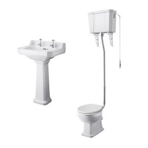 Wellington High Level Toilet with White Seat & 560mm 2 Tap Hole Basin Cloakroom Suite