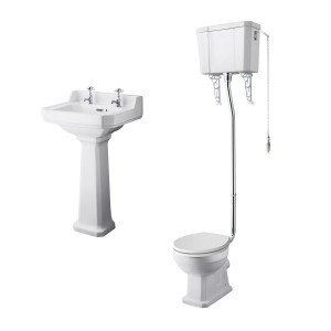 Wellington High Level Toilet with White Seat & 500mm 2 Tap Hole Basin Cloakroom Suite