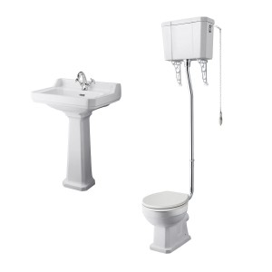 Wellington High Level Toilet with Sand Seat & 600mm 1 Tap Hole Basin Cloakroom Suite