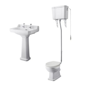Wellington High Level Toilet with Sand Seat & 600mm 2 Tap Hole Basin Cloakroom Suite