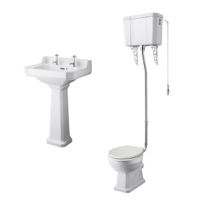 Wellington High Level Toilet with Sand Seat & 560mm 2 Tap Hole Basin Cloakroom Suite