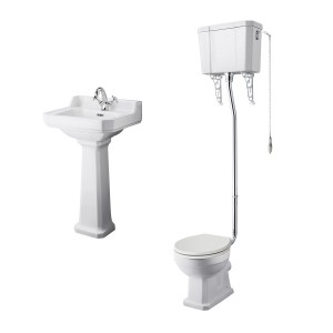 Wellington High Level Toilet with Sand Seat & 500mm 1 Tap Hole Basin Cloakroom Suite