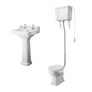 Wellington High Level Toilet with Sand Seat & 500mm 2 Tap Hole Basin Cloakroom Suite