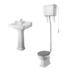 Wellington High Level Toilet with Grey Seat & 600mm 1 Tap Hole Basin Cloakroom Suite