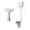 Wellington High Level Toilet with Grey Seat & 600mm 2 Tap Hole Basin Cloakroom Suite