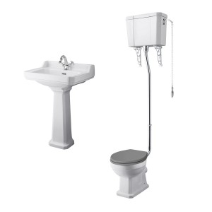 Wellington High Level Toilet with Grey Seat & 560mm 1 Tap Hole Basin Cloakroom Suite