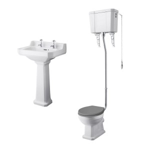 Wellington High Level Toilet with Grey Seat & 560mm 2 Tap Hole Basin Cloakroom Suite