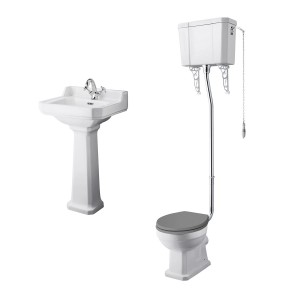 Wellington High Level Toilet with Grey Seat & 500mm 1 Tap Hole Basin Cloakroom Suite