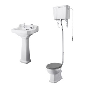 Wellington High Level Toilet with Grey Seat & 500mm 2 Tap Hole Basin Cloakroom Suite