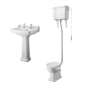 Wellington High Level Comfort Height Toilet with White Seat & 600mm 2 Tap Hole Basin Cloakroom Suite