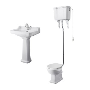 Wellington High Level Comfort Height Toilet with White Seat & 560mm 1 Tap Hole Basin Cloakroom Suite