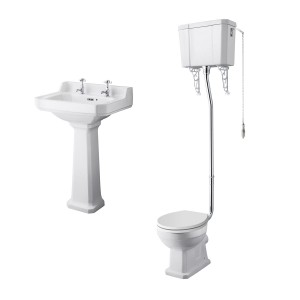 Wellington High Level Comfort Height Toilet with White Seat & 560mm 2 Tap Hole Basin Cloakroom Suite