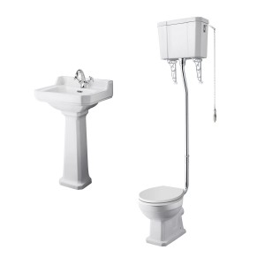 Wellington High Level Comfort Height Toilet with White Seat & 500mm 1 Tap Hole Basin Cloakroom Suite