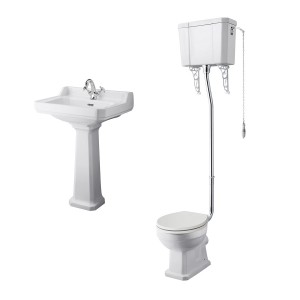 Wellington High Level Comfort Height Toilet with Sand Seat & 600mm 1 Tap Hole Basin Cloakroom Suite