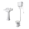 Wellington High Level Comfort Height Toilet with Sand Seat & 560mm 2 Tap Hole Basin Cloakroom Suite