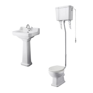 Wellington High Level Comfort Height Toilet with Sand Seat & 500mm 1 Tap Hole Basin Cloakroom Suite