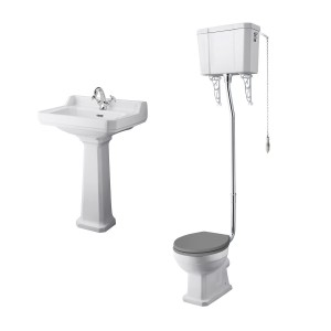 Wellington High Level Comfort Height Toilet with Grey Seat & 600mm 1 Tap Hole Basin Cloakroom Suite