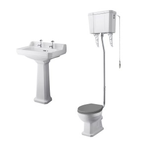 Wellington High Level Comfort Height Toilet with Grey Seat & 600mm 2 Tap Hole Basin Cloakroom Suite