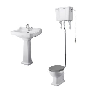 Wellington High Level Comfort Height Toilet with Grey Seat & 560mm 1 Tap Hole Basin Cloakroom Suite