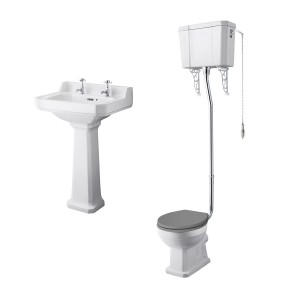 Wellington High Level Comfort Height Toilet with Grey Seat & 560mm 2 Tap Hole Basin Cloakroom Suite