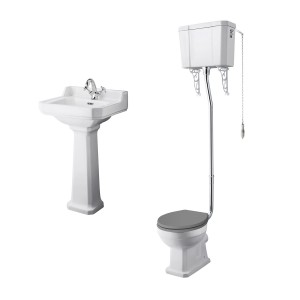 Wellington High Level Comfort Height Toilet with Grey Seat & 500mm 1 Tap Hole Basin Cloakroom Suite