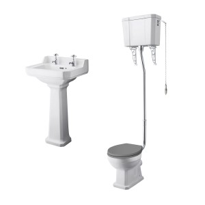 Wellington High Level Comfort Height Toilet with Grey Seat & 500mm 2 Tap Hole Basin Cloakroom Suite