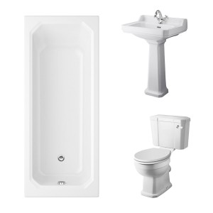 Wellington Close Coupled Toilet with White Seat & 600mm 1 Tap Hole Basin with 1700 x 750mm Traditional Straight Bath Single Ended