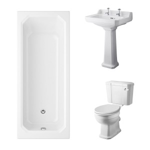 Wellington Close Coupled Toilet with White Seat & 600mm 2 Tap Hole Basin with 1700 x 750mm Traditional Straight Bath Single Ended