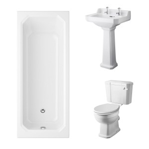 Wellington Close Coupled Toilet with White Seat & 560mm 2 Tap Hole Basin with 1700 x 750mm Traditional Straight Bath Single Ended
