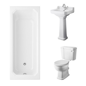 Wellington Close Coupled Toilet with White Seat & 500mm 1 Tap Hole Basin with 1700 x 750mm Traditional Straight Bath Single Ended