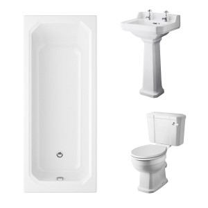Wellington Close Coupled Toilet with White Seat & 500mm 2 Tap Hole Basin with 1700 x 750mm Traditional Straight Bath Single Ended