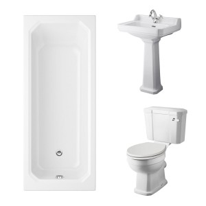 Wellington Close Coupled Toilet with Sand Seat & 600mm 1 Tap Hole Basin with 1700 x 750mm Traditional Straight Bath Single Ended