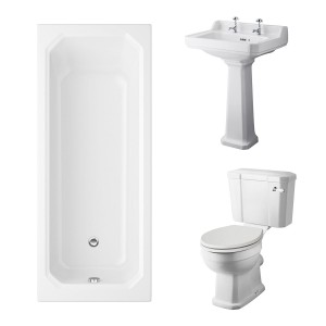 Wellington Close Coupled Toilet with Sand Seat & 600mm 2 Tap Hole Basin with 1700 x 750mm Traditional Straight Bath Single Ended