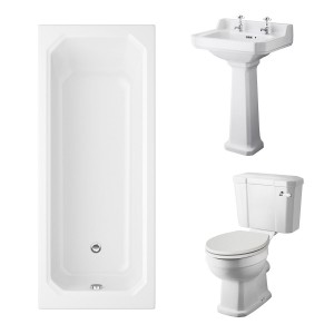 Wellington Close Coupled Toilet with Sand Seat & 560mm 2 Tap Hole Basin with 1700 x 750mm Traditional Straight Bath Single Ended