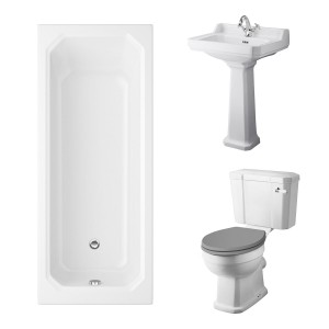 Wellington Close Coupled Toilet with Grey Seat & 600mm 1 Tap Hole Basin with 1700 x 750mm Traditional Straight Bath Single Ended