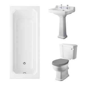 Wellington Close Coupled Toilet with Grey Seat & 600mm 2 Tap Hole Basin with 1700 x 750mm Traditional Straight Bath Single Ended