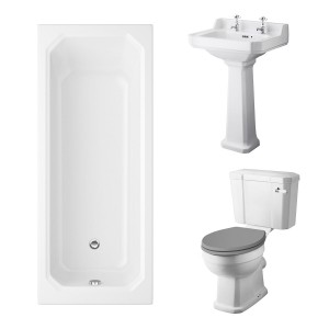 Wellington Close Coupled Toilet with Grey Seat & 560mm 2 Tap Hole Basin with 1700 x 750mm Traditional Straight Bath Single Ended