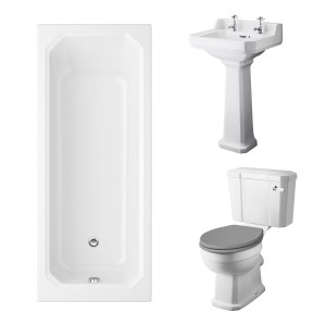 Wellington Close Coupled Toilet with Grey Seat & 500mm 2 Tap Hole Basin with 1700 x 750mm Traditional Straight Bath Single Ended