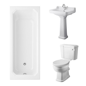 Wellington Close Coupled Comfort Height Toilet with White Seat & 600mm 1 Tap Hole Basin with 1700 x 750mm Traditional Straight Bath Single Ended