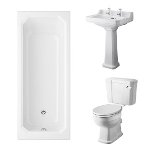 Wellington Close Coupled Comfort Height Toilet with White Seat & 600mm 2 Tap Hole Basin with 1700 x 750mm Traditional Straight Bath Single Ended