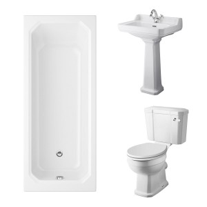 Wellington Close Coupled Comfort Height Toilet with White Seat & 560mm 1 Tap Hole Basin with 1700 x 750mm Traditional Straight Bath Single Ended