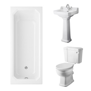Wellington Close Coupled Comfort Height Toilet with White Seat & 500mm 1 Tap Hole Basin with 1700 x 750mm Traditional Straight Bath Single Ended