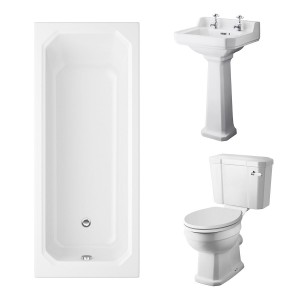 Wellington Close Coupled Comfort Height Toilet with White Seat & 500mm 2 Tap Hole Basin with 1700 x 750mm Traditional Straight Bath Single Ended