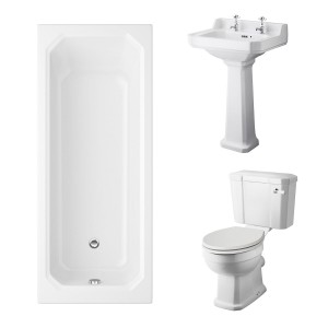 Wellington Close Coupled Comfort Height Toilet with Sand Seat & 560mm 2 Tap Hole Basin with 1700 x 750mm Traditional Straight Bath Single Ended