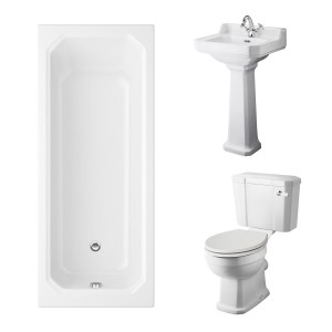 Wellington Close Coupled Comfort Height Toilet with Sand Seat & 500mm 1 Tap Hole Basin with 1700 x 750mm Traditional Straight Bath Single Ended